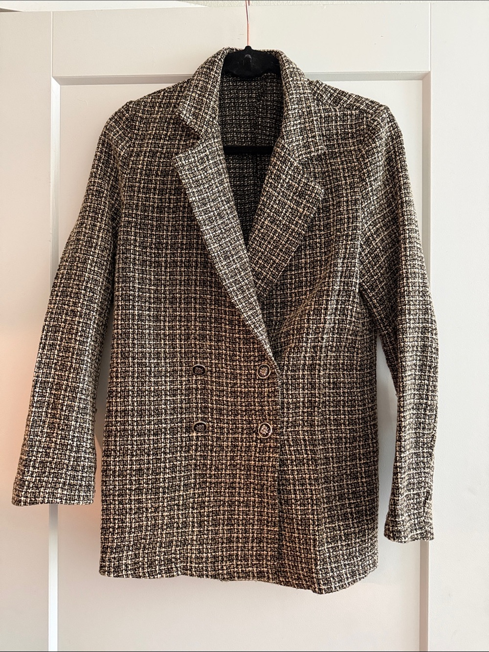 SHEIN Black and White Tweed Double-Breasted Blazer Jacket